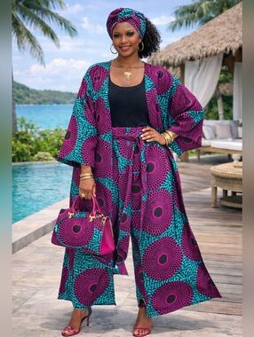 Camouflage African Print Kimono Duster Palazzo Pant Set:  Belt & Headwrap